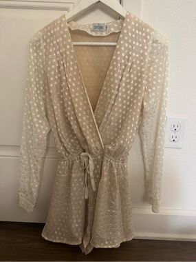 Cream Polka-Dot Wrap Romper with Tie Waist